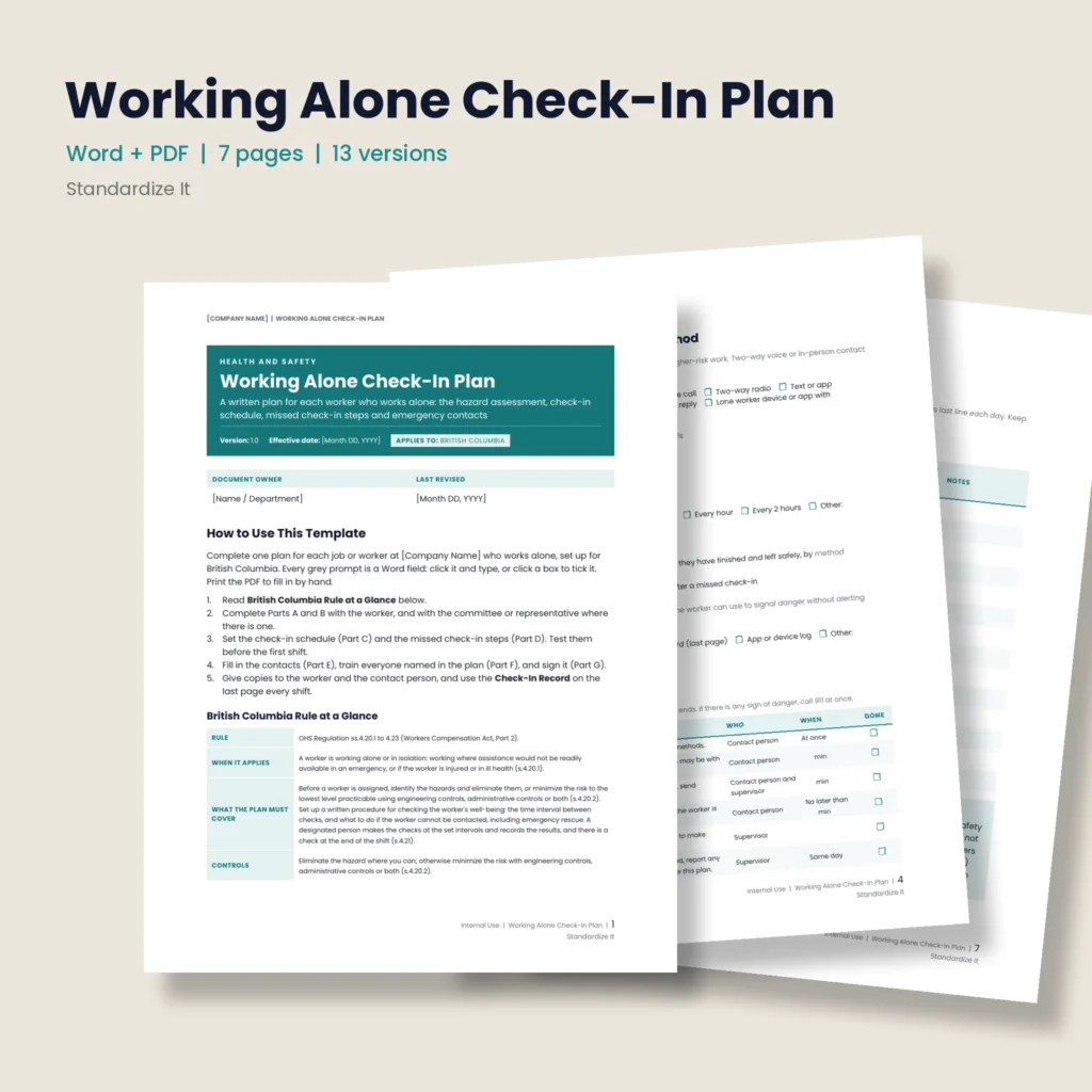 Working Alone Check-In Plan by Standardize It: preview of the first page with the British Columbia Rule at a Glance, in front of the check-in schedule page and the Check-In Record. Word + PDF, 7 pages, 13 versions.