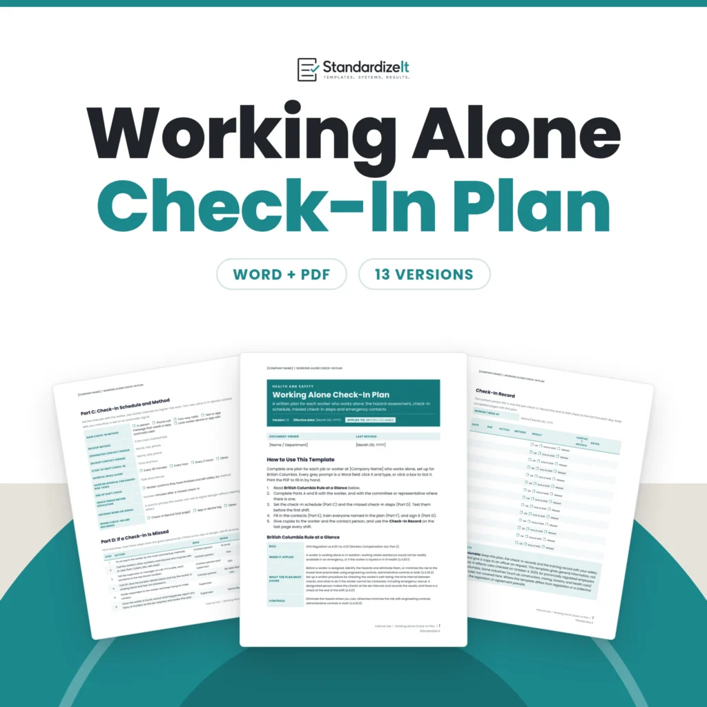 Working Alone Check-In Plan template by Standardize It: the British Columbia first page with the Rule at a Glance in front of the check-in schedule and missed check-in steps page and the Check-In Record. Word + PDF, 13 versions.