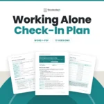 Working Alone Check-In Plan template by Standardize It: the British Columbia first page with the Rule at a Glance in front of the check-in schedule and missed check-in steps page and the Check-In Record. Word + PDF, 13 versions.