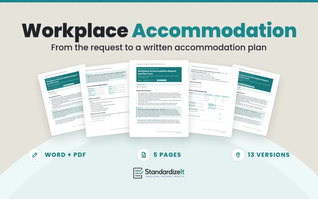 Workplace Accommodation Request and Plan Form template by Standardize It: the Ontario version's first page in front of the accommodation request and accommodation plan pages, with the British Columbia and Federal versions behind. Word + PDF, 5 pages, 13 versions.