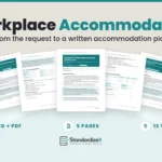 Workplace Accommodation Request and Plan Form template by Standardize It: the Ontario version's first page in front of the accommodation request and accommodation plan pages, with the British Columbia and Federal versions behind. Word + PDF, 5 pages, 13 versions.