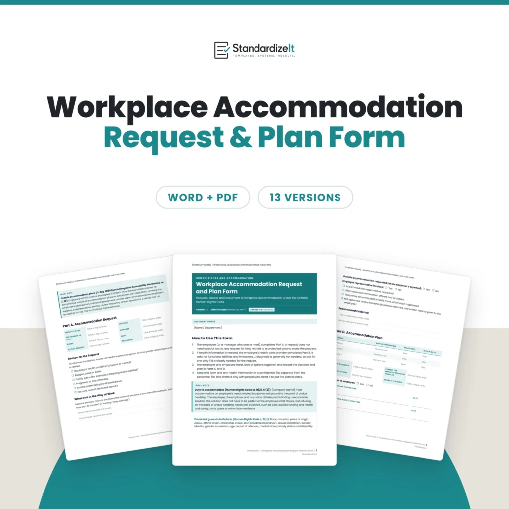 Workplace Accommodation Request and Plan Form template by Standardize It: the first page in front of the accommodation request and the accommodation plan pages. Word + PDF, 13 versions.