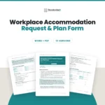 Workplace Accommodation Request and Plan Form template by Standardize It: the first page in front of the accommodation request and the accommodation plan pages. Word + PDF, 13 versions.